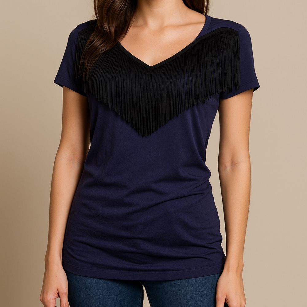 Women's Stretchy Navy Fringe Top Blouse